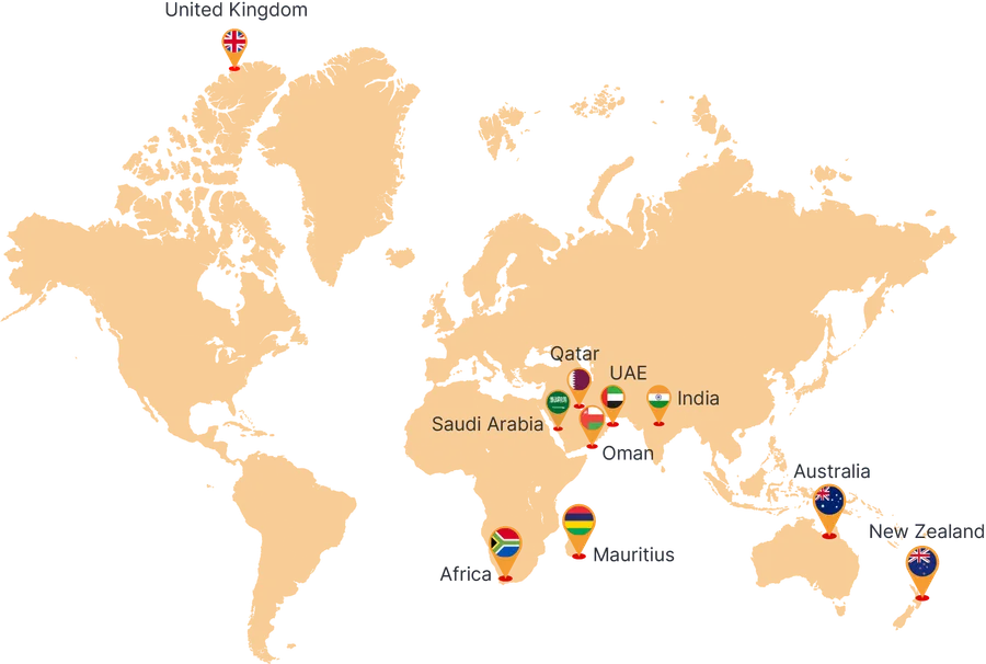 Map highlighting Constrobotz's regions served: India, the GCC, Mauritius, Africa, New Zealand, Australia and the United Kingdom